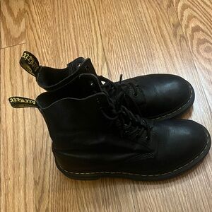 Dr. Martens Black Leather Lace-Up Ankle Boots with Yellow Stitching